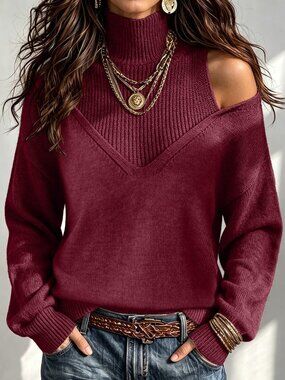 Red Violet Casual Women's High Neck Cut Out Long Sleeve Sweater
